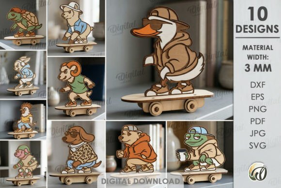 3D Animals on Skateboards Bundle Laser for Home Decor