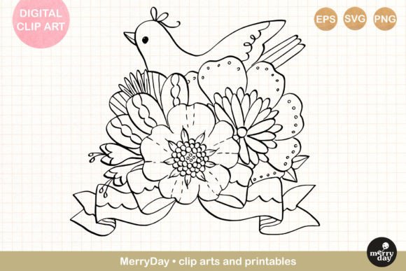 Bird Flower Line Art No. 4 for Graphics and Illustrations