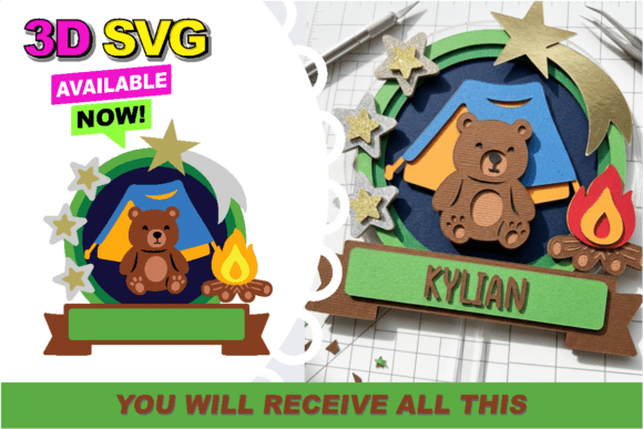 Cute Bear Camping 3D Shaker SVG for Birthdays