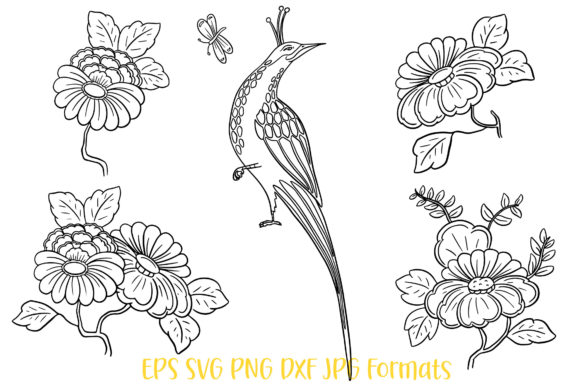 Peahean Bird and Oriental Flower Lineart for Graphics & Illustrations